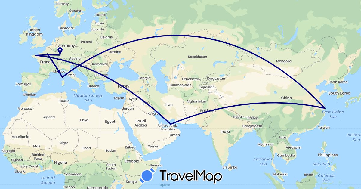 TravelMap itinerary: driving in United Arab Emirates, China, France (Asia, Europe)